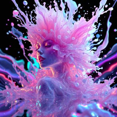 The primary subject of the image is a woman with a pink and purple hair style, wearing a pink and purple dress. She is surrounded by a vibrant and colorful environment, with a mix of pink, purple, and blue colors. The setting appears to be a futuristic or fantasy-inspired scene, possibly a digital art or illustration. The overall atmosphere of the image is lively and visually appealing, with the woman as the focal point.